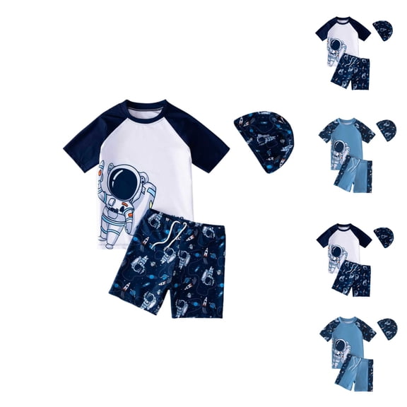 YHAJDS Boys Space Print Swim Set Traveling in Space Graphic Short Sleeve Top with Shorts Cap Wear