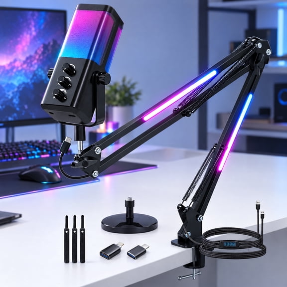 EZBY Microphone with RGB Lighted Boom Arm Stand, Gaming USB Microphone with One-Touch Mute, Noise Cancellation, Gain/Mix Control and Phone Adapters for Streaming, PC, PS5
