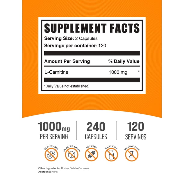bulk l-carnitine l-tartrate capsules 1000mg product info and reviews BulkSupplements L-Carnitine Capsules, 1000mg Per Serving (240 Gel Caps -  120 Servings)