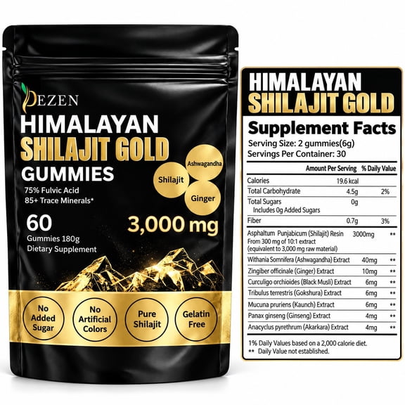 Natural Himalayan Shilajit Gummies 3000mg with Ashwagandha, Ginger & Turmeric, Wellness Supplement, 60 Pcs