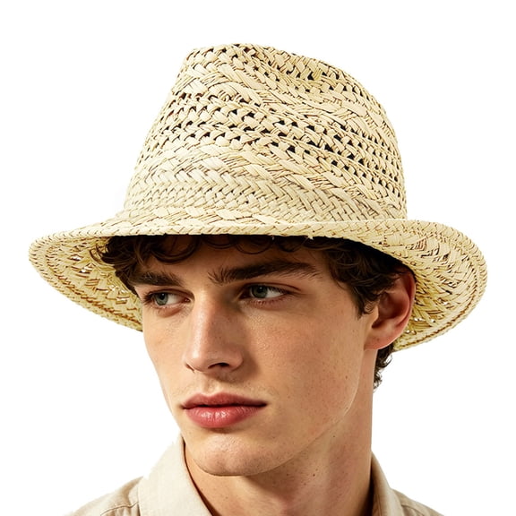 Men Hand‑Woven Paper Straw Fedora Hat Hollow Knit Sun Hat Wide Brim Breathable Outdoor Beach Travel Vacation Sun‑Shade Head‑Accessory for Adults