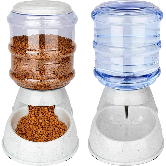 Automatic Feeder and Water Dispenser in Set,Gravity Food Feeder and Waterer with Pet Food Mat,Large, 3 Gallonx 2, Gray (Water and Food Dispenser Set)