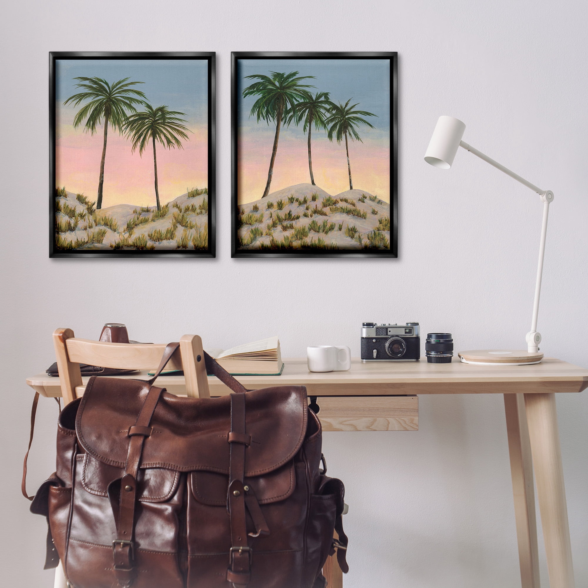 Stupell Industries Sunrise Tropical Scene Landscape Painting Black Floater Framed Canvas Art Print Wall Art, 25 x 31, Set of 2