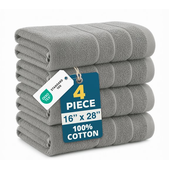 Casa Platino Hand Towels for Bathroom - 4 Piece Set (16" x 28"), Soft & Absorbent Bath Hand Towels, Premium Grey Hand Towels for Bathroom, 100% Cotton Bathroom Hand Towels for Everyday Use - Grey