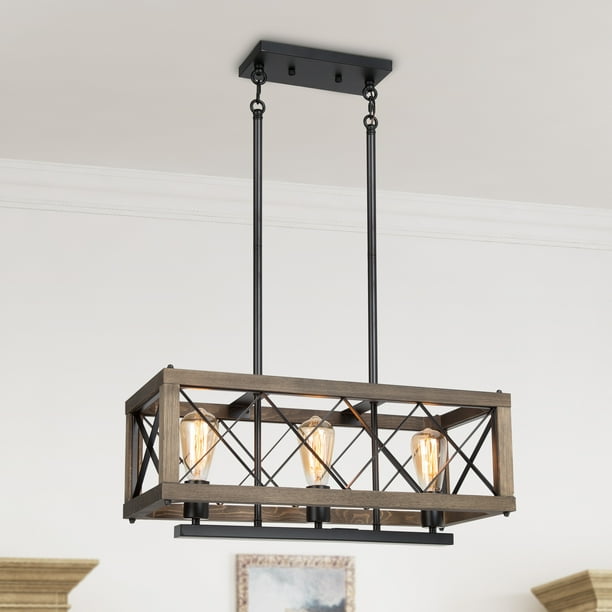 Lnc 3 Light Farmhouse Wood Rectangle Chandelier For Kitchen Island Black Com Lnc 3 Light Farmhouse Wood Rectangle, Black Wrought Iron Rectangular Chandelier