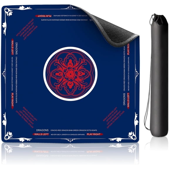 Mahjong Mat – 31.5x31.5 Inch Neoprene Gaming Surface with Rules, Navy Blue Anti-Slip Noise Reduction Table Cover for Tiles & Cards, Includes Storage Bag