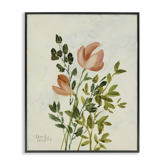 Stupell Industries Vintage Leaves Pink Blossom Floral & Botanical Painting Black Framed Art Print Wall Art, 11 x 14