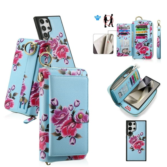 Multifunctional Wallet Case For Samsung Galaxy S22 Plus with RFID Blocking Card Slots,Detachable Purse Soft PU Leather Magnetic Snap Hand Strap Zipper Pocket Cute Flower Case with Carabiners,Skyblue