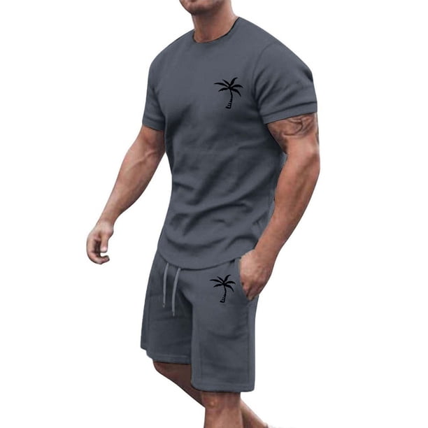 Conjunto de Sudadores de Hombres Impresión Casual Deportes de Manga Corta Cuello Redondo, Traje de Deporte de 2 Piezas con Pantalones de Corredores de Cintura Elástica
