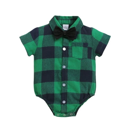

Kucnuzki Infant Baby Boy Clothes 6 Months Summer Bodysuit 9 Months Short Sleeve Plaid Prints Gentle Stylish Lapel Romper Bodysuit Green