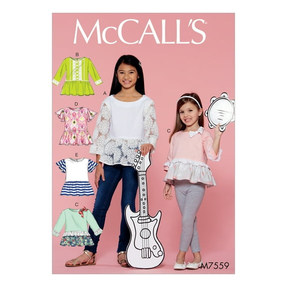 McCall's Sewing Pattern Children's/Girls' Peplum-Style Tops with Trim Variations-7-8-10-12-14