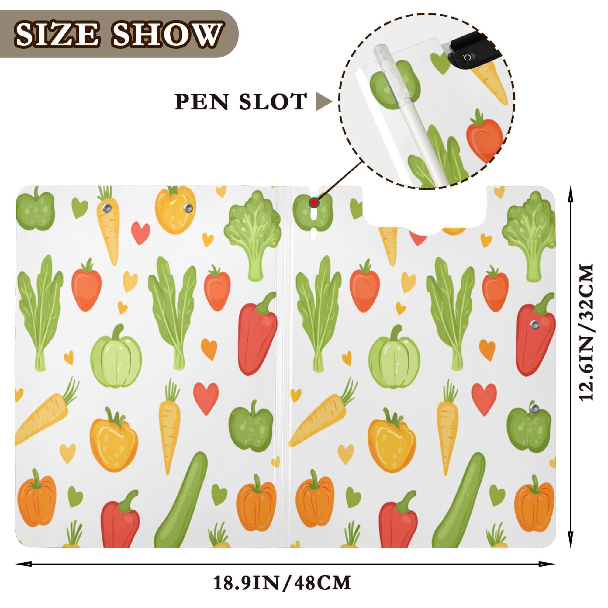 FORMRS A4 Clipboard Folder with Pen Holder Horizontal Foldable School Office Binder, White Vegetables Pattern