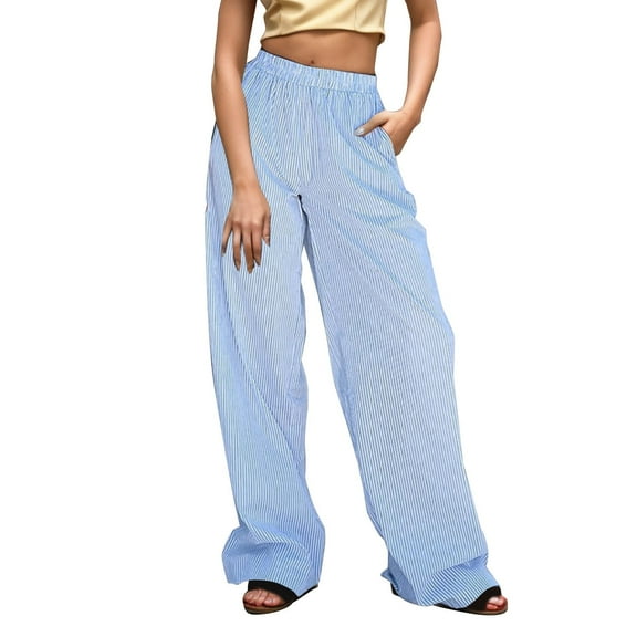XIMIN Women's Spring Pants Women's Striped Wide Leg Pants Casual Street Fashion Baggy High Waisted Pants with Pockets Loose Pants(Blue,S)