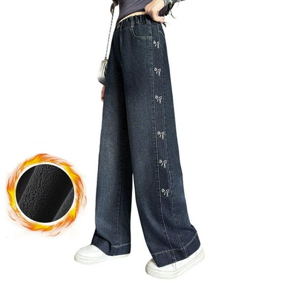 REDARER Girls Lined Jeans, Winter Straight Leg Pants for Kids, Comfortable Loose Fit Casual Trousers,Size:5-6 Years