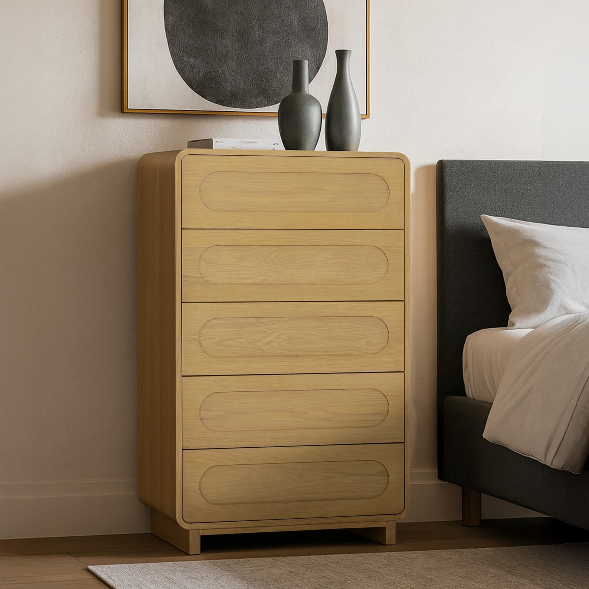 Tenley Mid-Century 5-Drawer Chest Dresser in Natural - Teamson Home: Push-Open Drawers, Wooden Construction with Real Oak Veneer