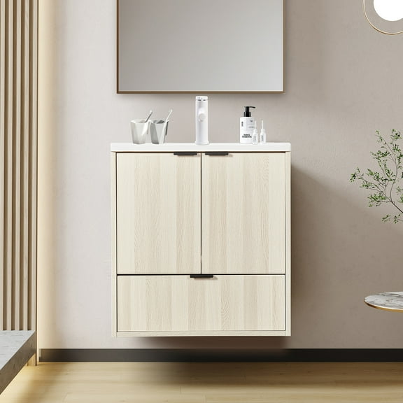 Wall Mount Vanity Cabinet With Drawer White Oak L 24 in x H 24.8 in x D 19.7 in