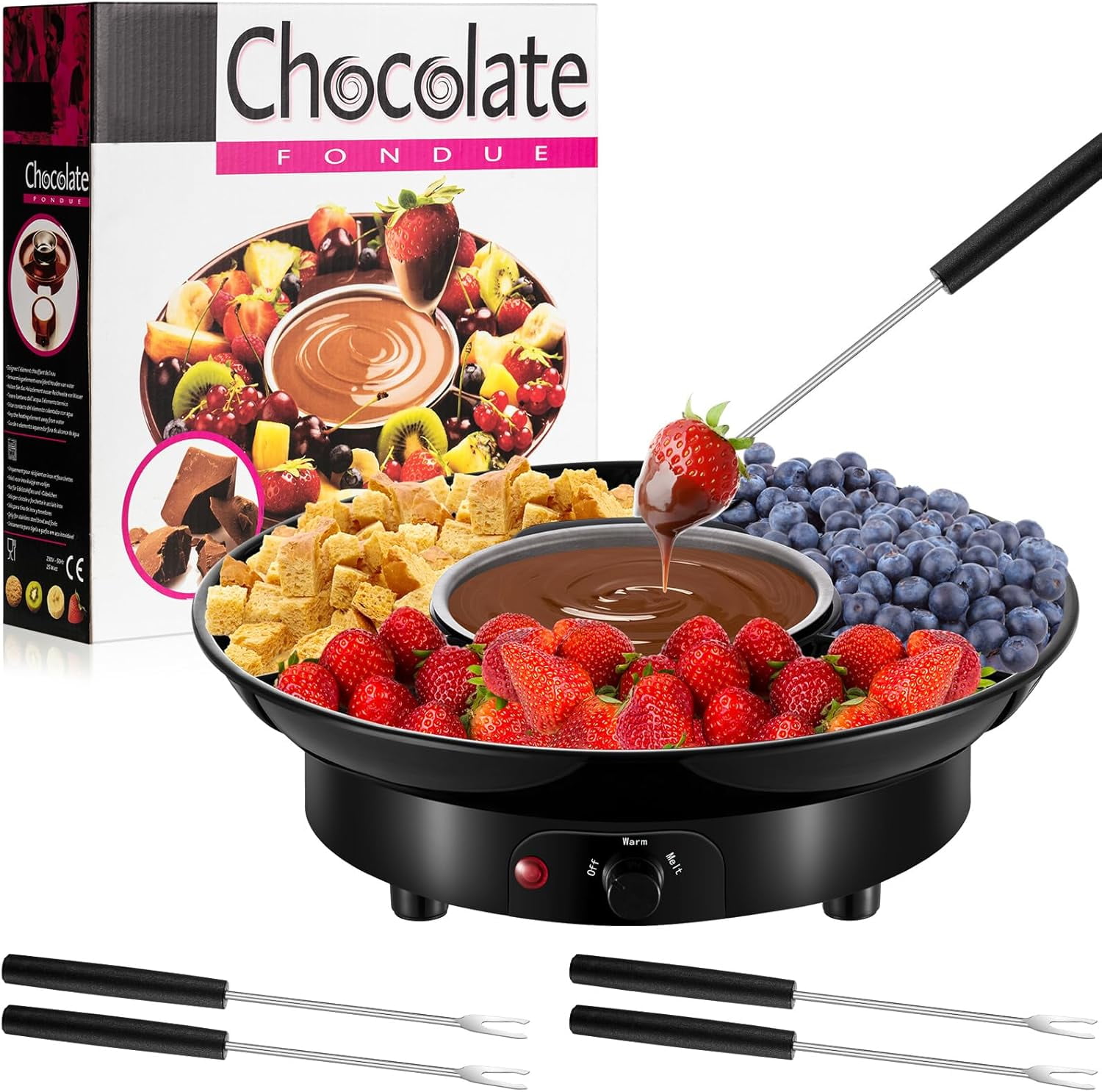 Kusini Electric Fondue Pans Set – Chocolate Fondue Set – Temperature Control, Detachable Serving Platters and 4 Roasting Forks – Gift Set & Date Night Kusini Electric Fondue Pans Set – Chocolate Fondue Set – Temperature Control, Detachable Serving Platters and 4 Roasting Forks – Gift Set & Date Night