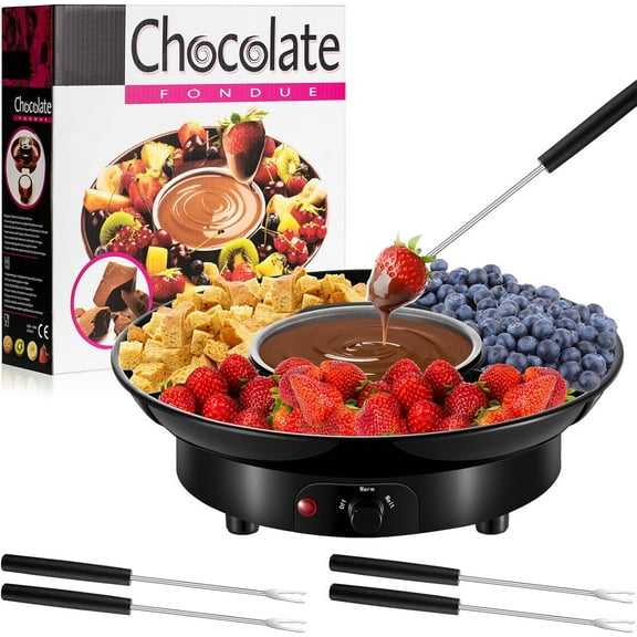 Emlimny Electric Fondue Pot Set, Chocolate Fondue Kit, Electric Fondue Maker, detachable Serving Trays with 4 Roasting Forks, gift Set for Date Night House Warming Melting Parties(Black)