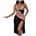 thumbnail image 2 of Womens Sleepwear Lace Mesh Patchwork Nightgown Chemises Sheer V Neck Side Split Long Sleep Dress with Panties Black M, 2 of 8