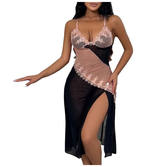 Women Lace Lingerie Chemise Mesh V Neck Long Dress Side Split Nightdress Sheer Outfits Exotic Sleepwear with Thong