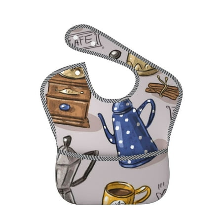 Bingfone Mess-Proof Baby Bib - Waterproof Bib For Baby Boy Or Girl With Food Catcher Pocket, Unisex-Antique Vintage Teapot Coffee Grinder