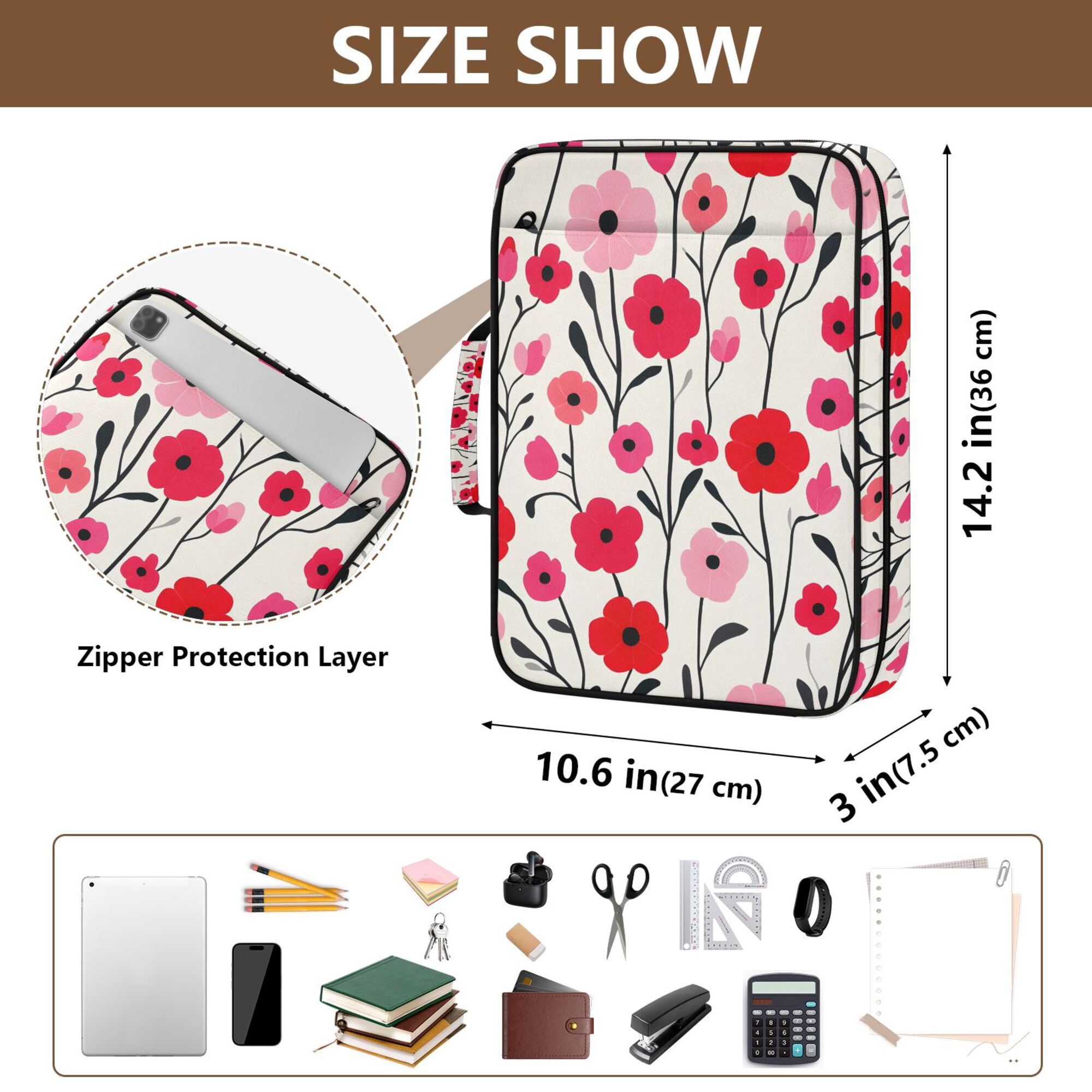 FORMRS Accordion File Folder A4 Size 7-Pocket Expanding Document Organizer Bag with 3 Ring Binder, Pink Floral