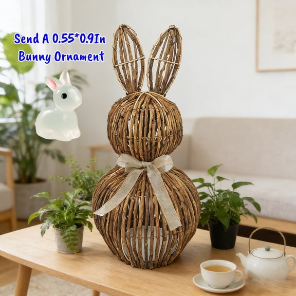 Spring Decor Rattan Bunny,Easter Bunny Topiary With Beige Bow Woven Rabbit Statue Easter Porch Decorations For Home Porch Garden Spring Farmhouse