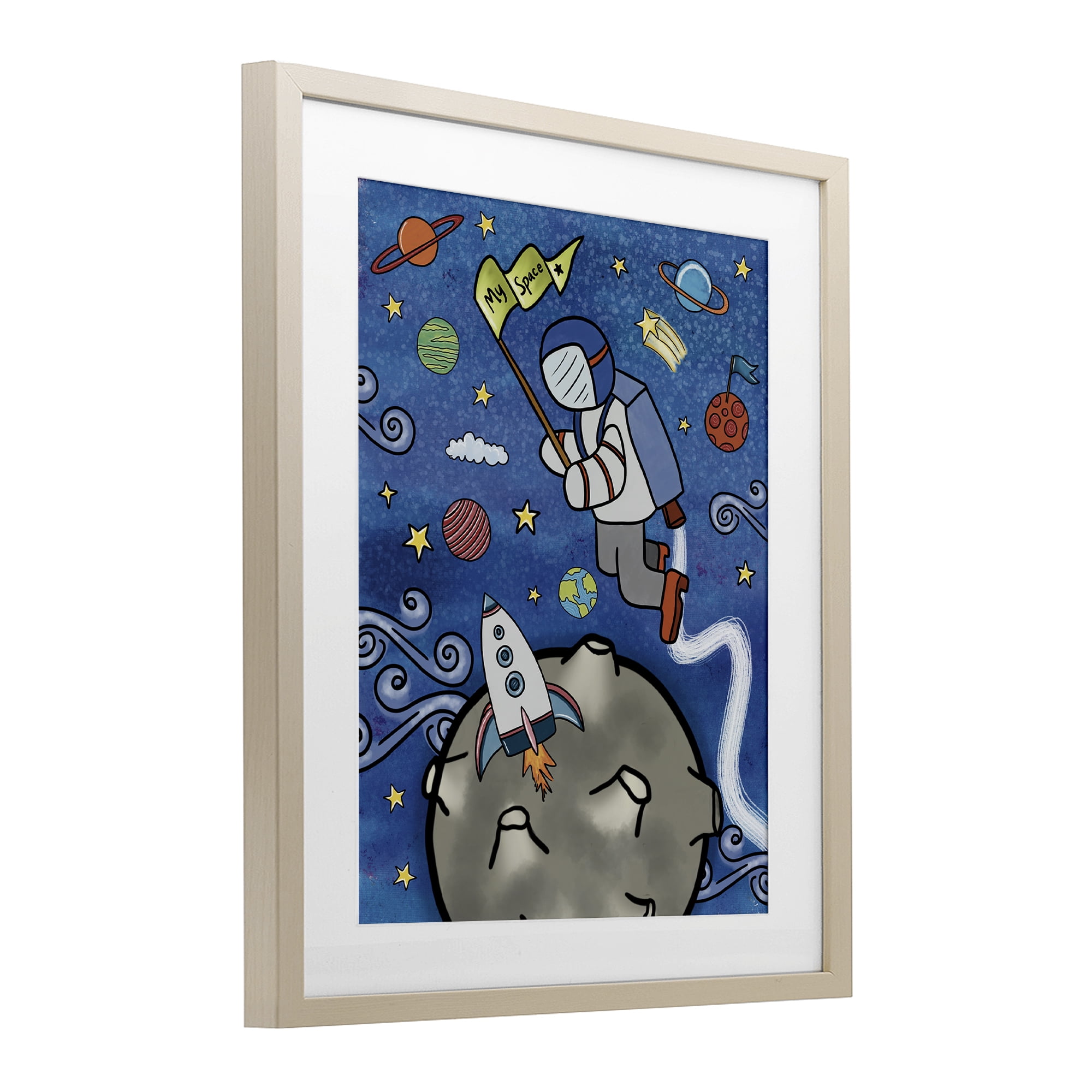 Astronaut Space Adventure Birch Framed Print Under Glass, design by Jennifer Stith