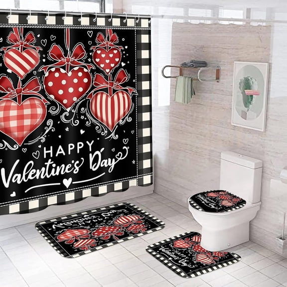 4 Pcs Valentine's Day Shower Curtain Set with Non Slip Rug Toilet Lid Cover Bath Mat Happy Valentine's Day Buffalo Check Plaid Shower Curtain Farmhouse Love Hearts for Bathroom with 12 Hooks