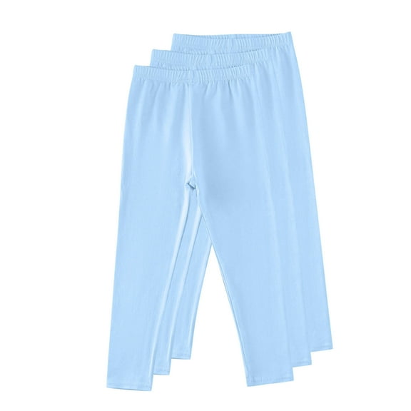 LNWUY 3-Pack Girls' Autumn Solid Color Elastic Waist Cotton Slim-Fit Stretch Outerwear Casual Leggings Long Pants Blue 7-8Years