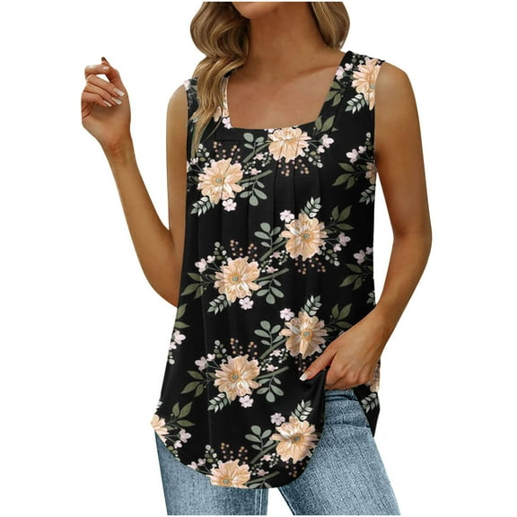 up to 60% off Gifts Usmixi Tank Tops for Women Breathable Loose Pleated Swing Vintage Tunic Vest Tops Summer Floral Print Square Neck Sleeveless Shirts Fashion Blouses Khaki l