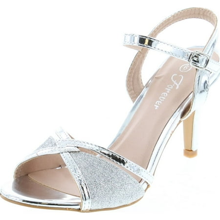 

Forever Villa-04 Women s Glitter Metallic Ankle Strap Buckle Wrapped Heel Sandals Silver 9