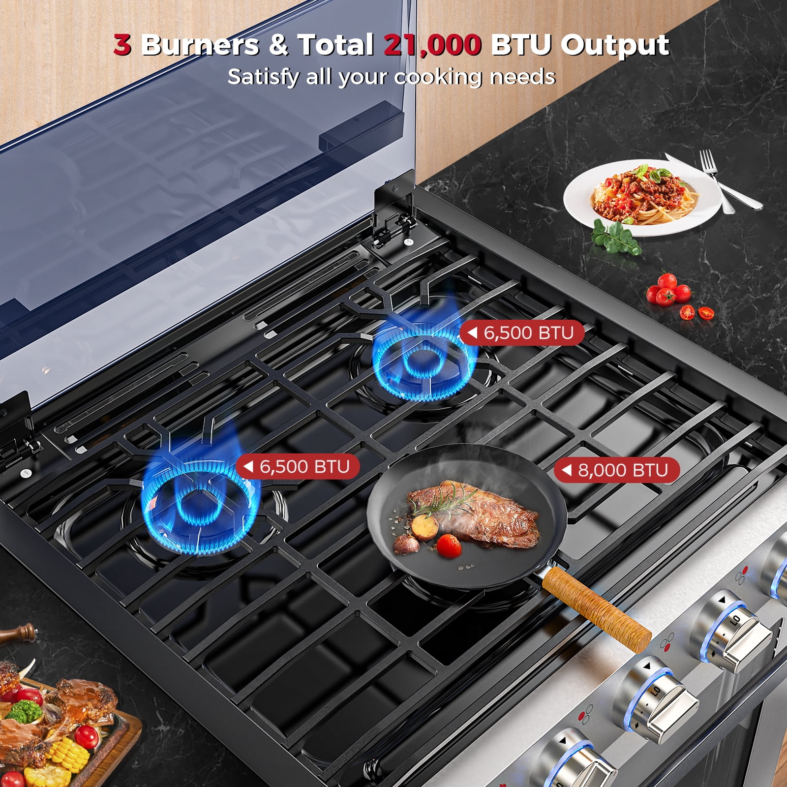 CAMPLUX 21 in. RV Propane Gas Range Oven with 3 Burners Cooktop, Propane Stove Oven Combo 28,100 BTU/Hr