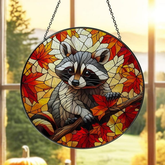 ViciArt Autumn Raccoon Glass Suncatcher, Fall Stained Glass Window Decor, Animal Lover Gift