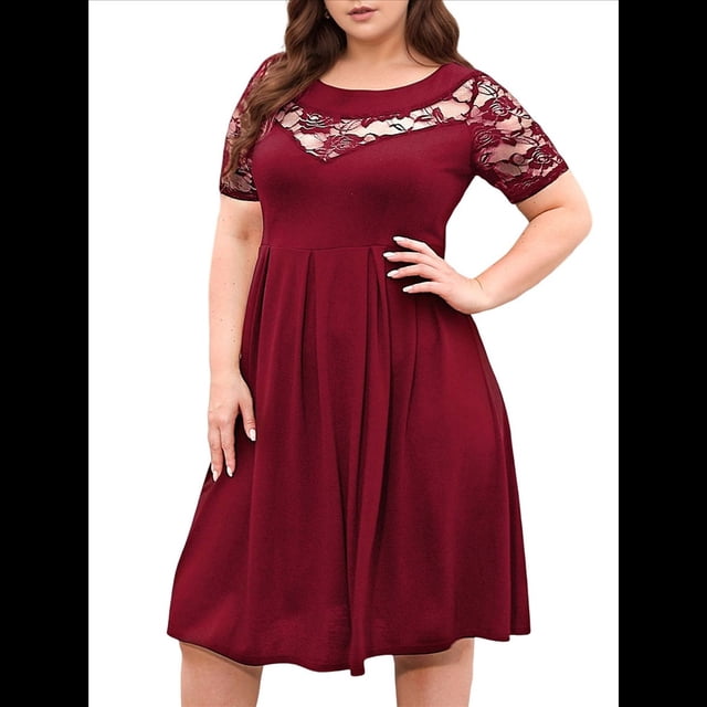 Vestido Midi de Encaje de con Cuello Redondo y Corte Cruzado para Mujer, Talla Grande, para Invitada de Boda o Cóctel Rojo Vino XXL