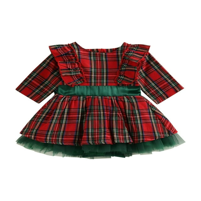 Robe de Noël pour Fillette 0-5 Ans à Carreaux Patchwork à Volants Manches Longues Tutu Robe Tenues de Princesse Rouge 3-4 Ans