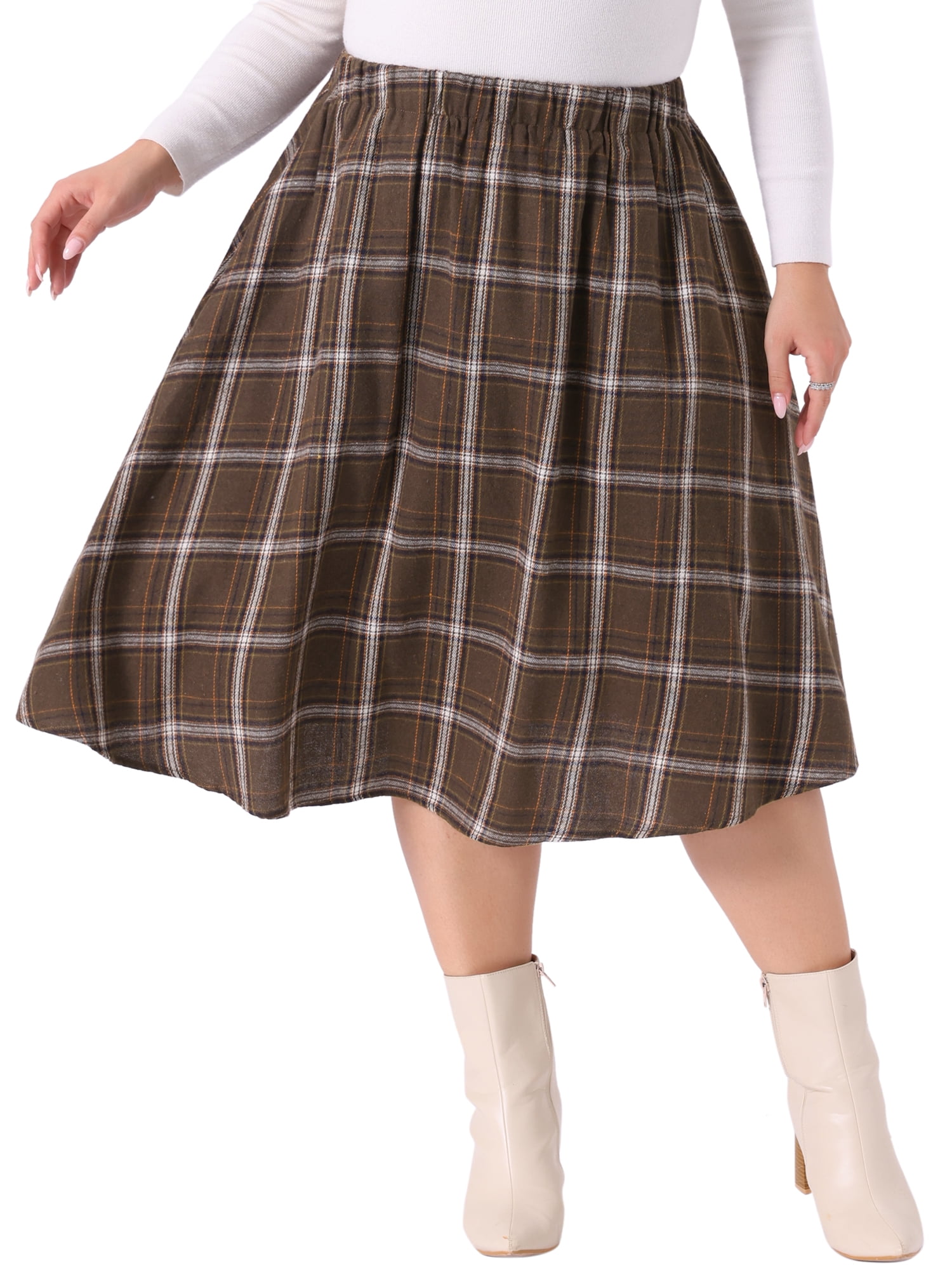DARING DIVA Women's Plus Size A-line Plaid Printed Flare Midi Skirt 3X Brown