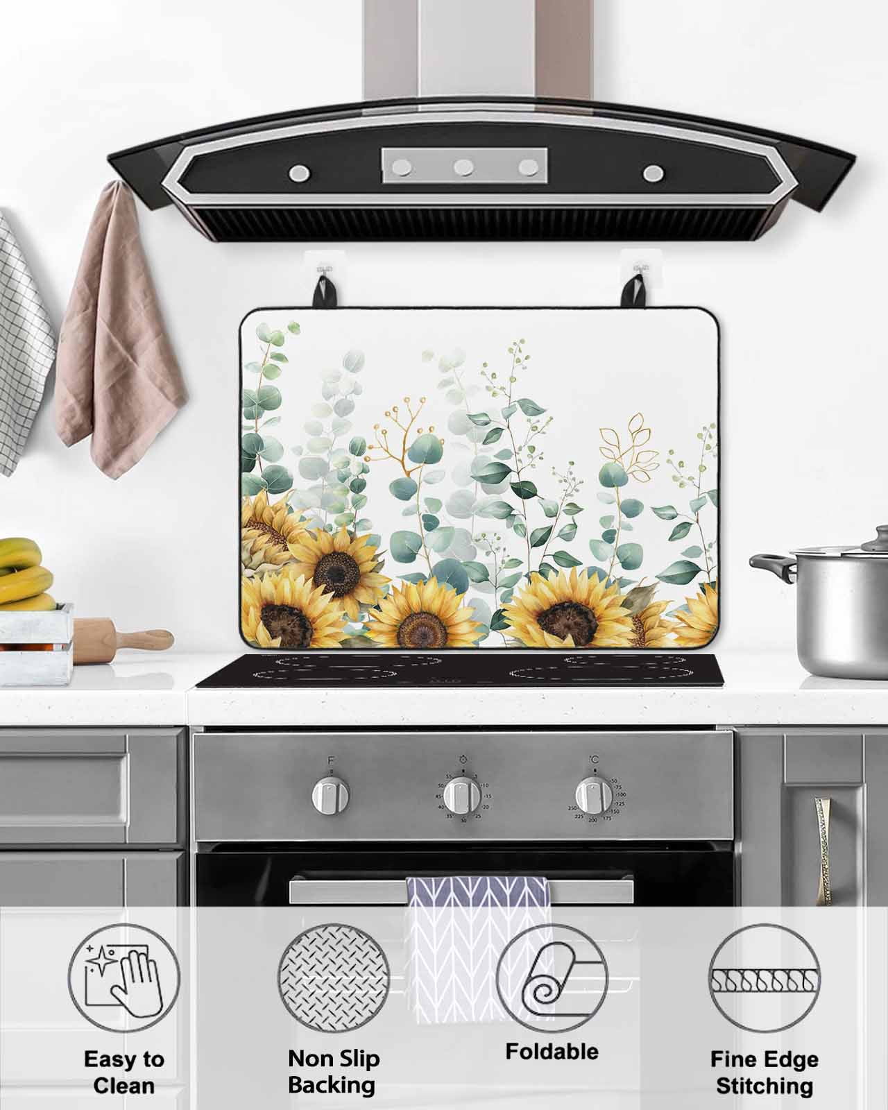 Large Induction Cooktop Protector Mat Sunflower Stove Top Covers for Electric Stove, Yellow Floral Pastoral Botanical Leaves Decorative Stove Burner Cover Mats, Glass Top Stove Cover