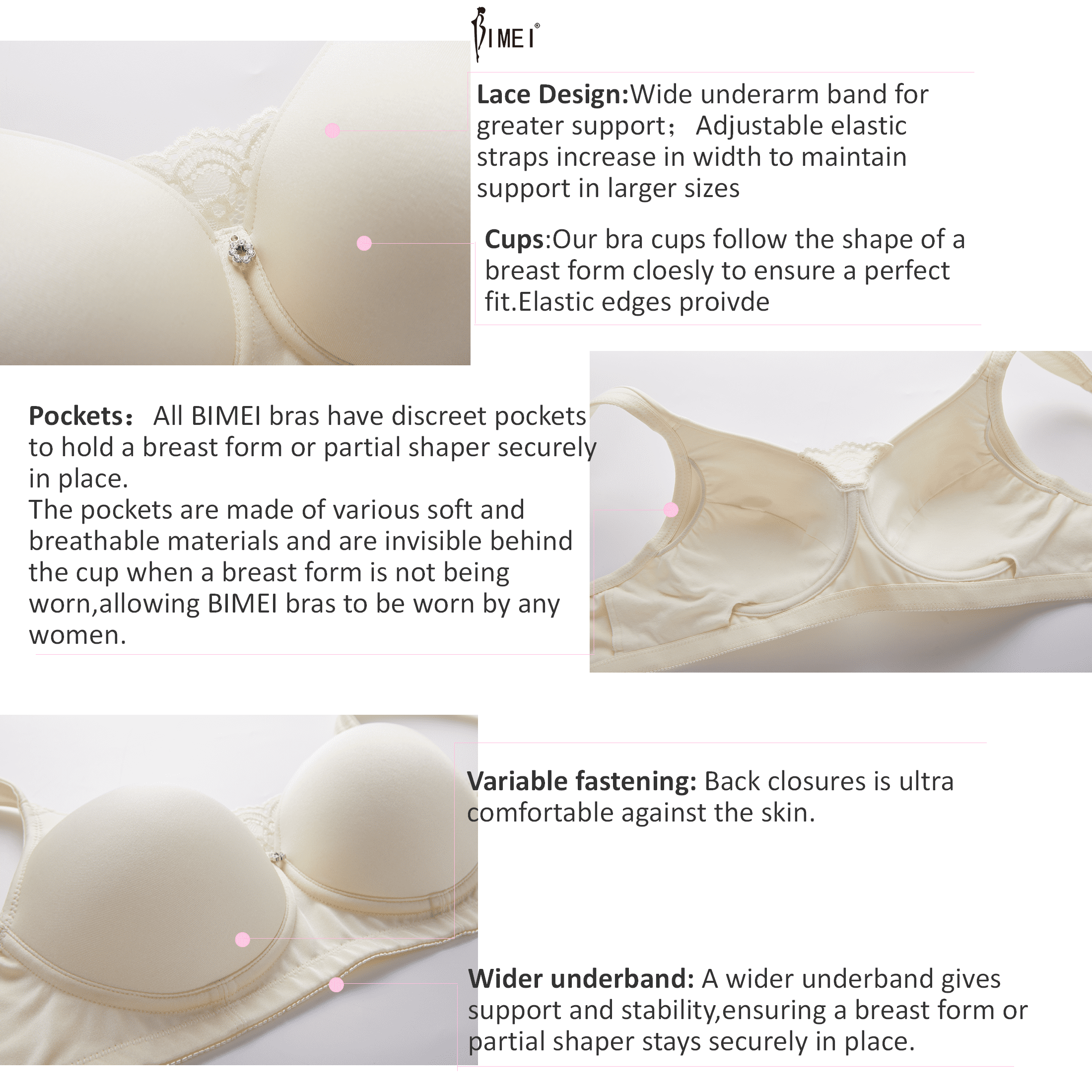 BIMEI Women's Mastectomy Bra Pockets Wireless Post-Surgery Invisible  Pockets for Breast Forms Everyday Bra Plus Size Bra 9818,Ivory White, 38B 