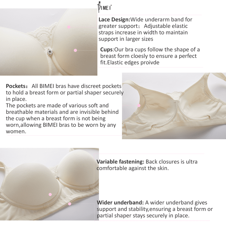 BIMEI Women's Mastectomy Bra Pockets Wireless Post-Surgery Invisible  Pockets for Breast Forms Everyday Bra Plus Size Bra 9818,Ivory White, 44C
