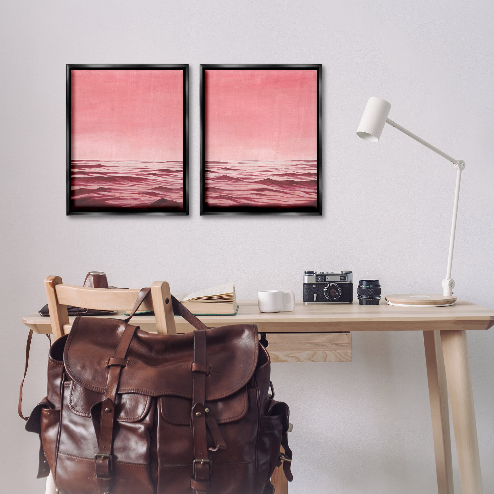 Stupell Industries Pink Calm Seascape Nautical & Beach Painting Black Floater Framed Canvas Art Print Wall Art, 17 x 21, Set of 2