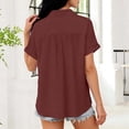 thumbnail image 4 of Yxbdin Cotton Blouses with Pockets for Women Button Down Collar Short Sleeve Shirts Dressy Casual V Neck Tops Solid Summer Spring Top Wine L, 4 of 8