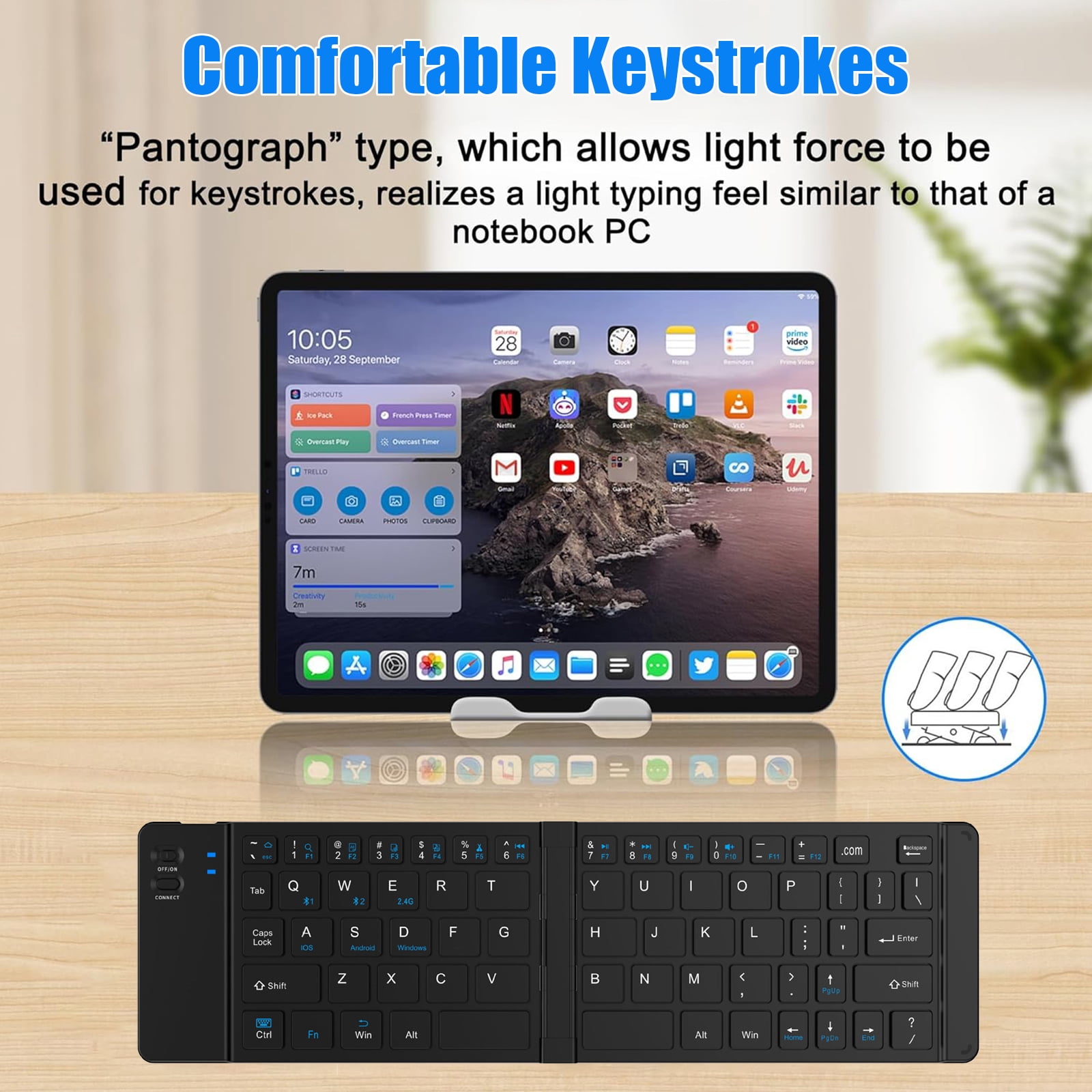 RONY Foldable Wireless Bluetooth Keyboard & Mouse Combo: Rechargeable Portable Travel Keyboard for Phone Laptop Mac Desktop (Black)