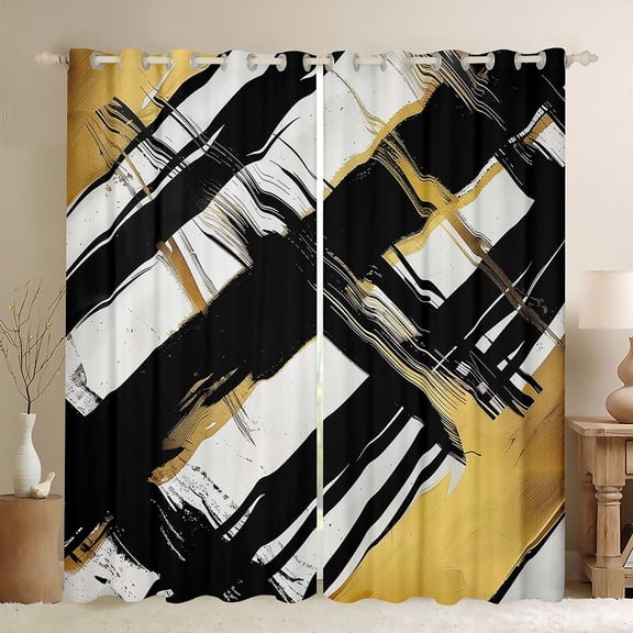 Homewish Black Golden Stripes Lines Black Out Curtains for Female Men Adults,Vintage Aesthetic Curtains Pack of 2 (42x63 Each),Geometric Theme Bedroom Curtains,Luxury Bedroom Decor