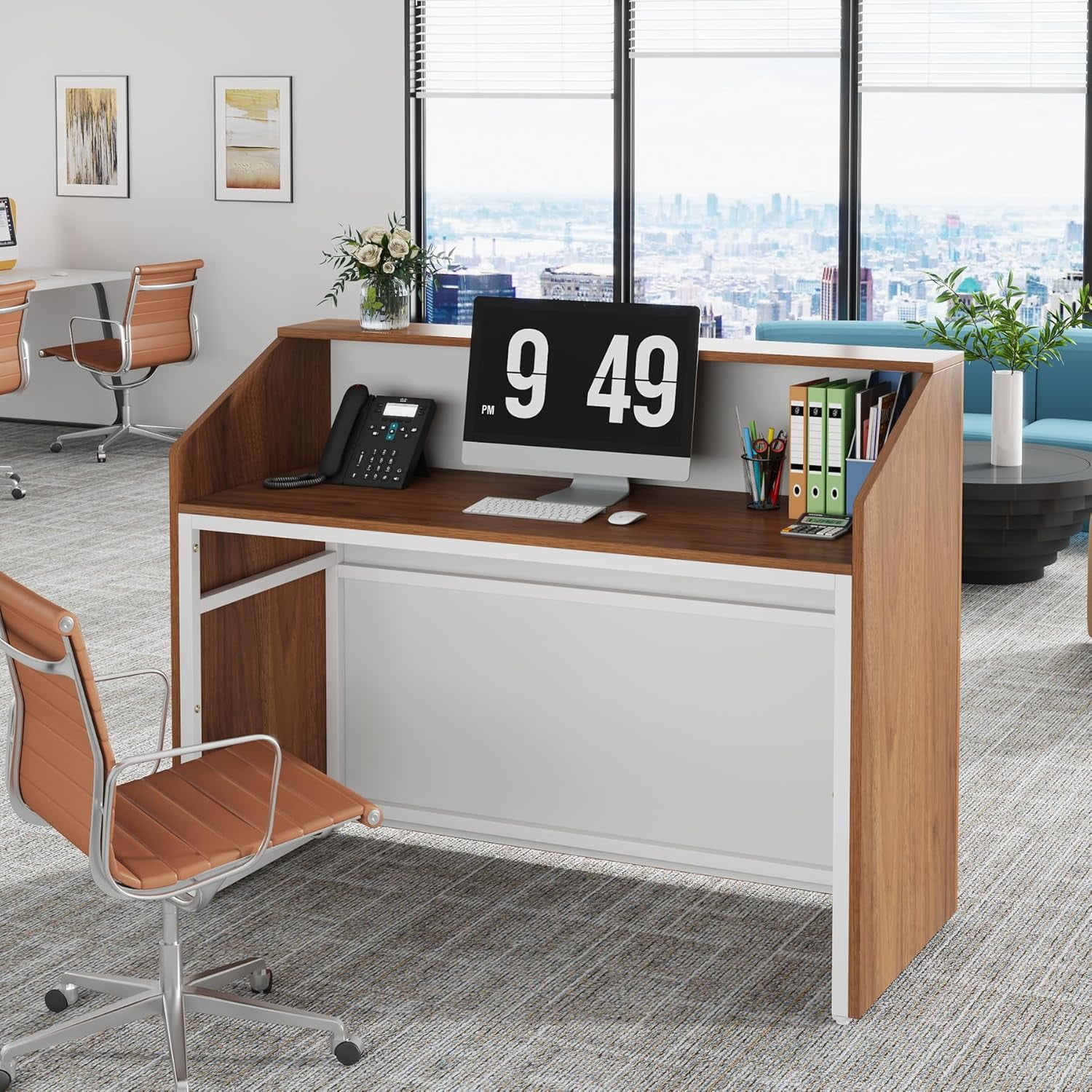 Tribesigns Modern 47" Front Desk, Wood Reception Desk Retail Counter for Salon, Home Office, Walnut