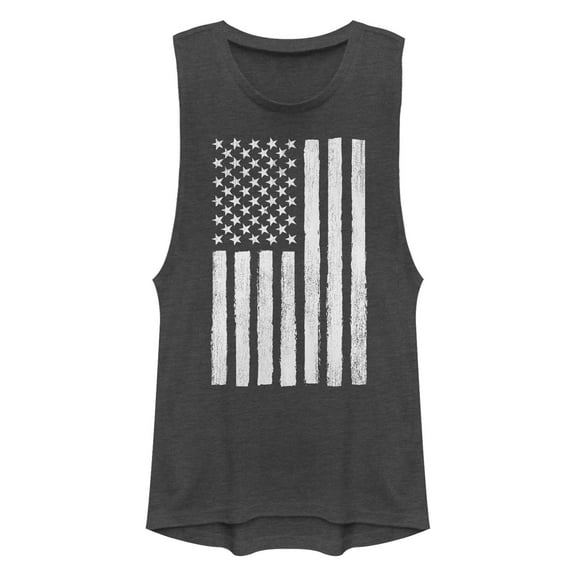 Junior's Lost Gods Distressed Black and White American Flag Festival Muscle Graphic T-Shirt