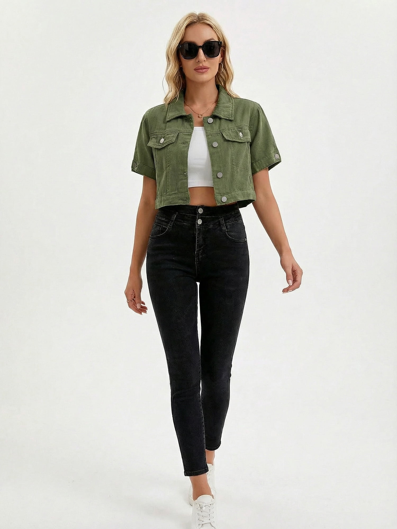 DARING DIVA Women's Short Sleeve Denim rendy Cropped Jean Jacket L Army Green