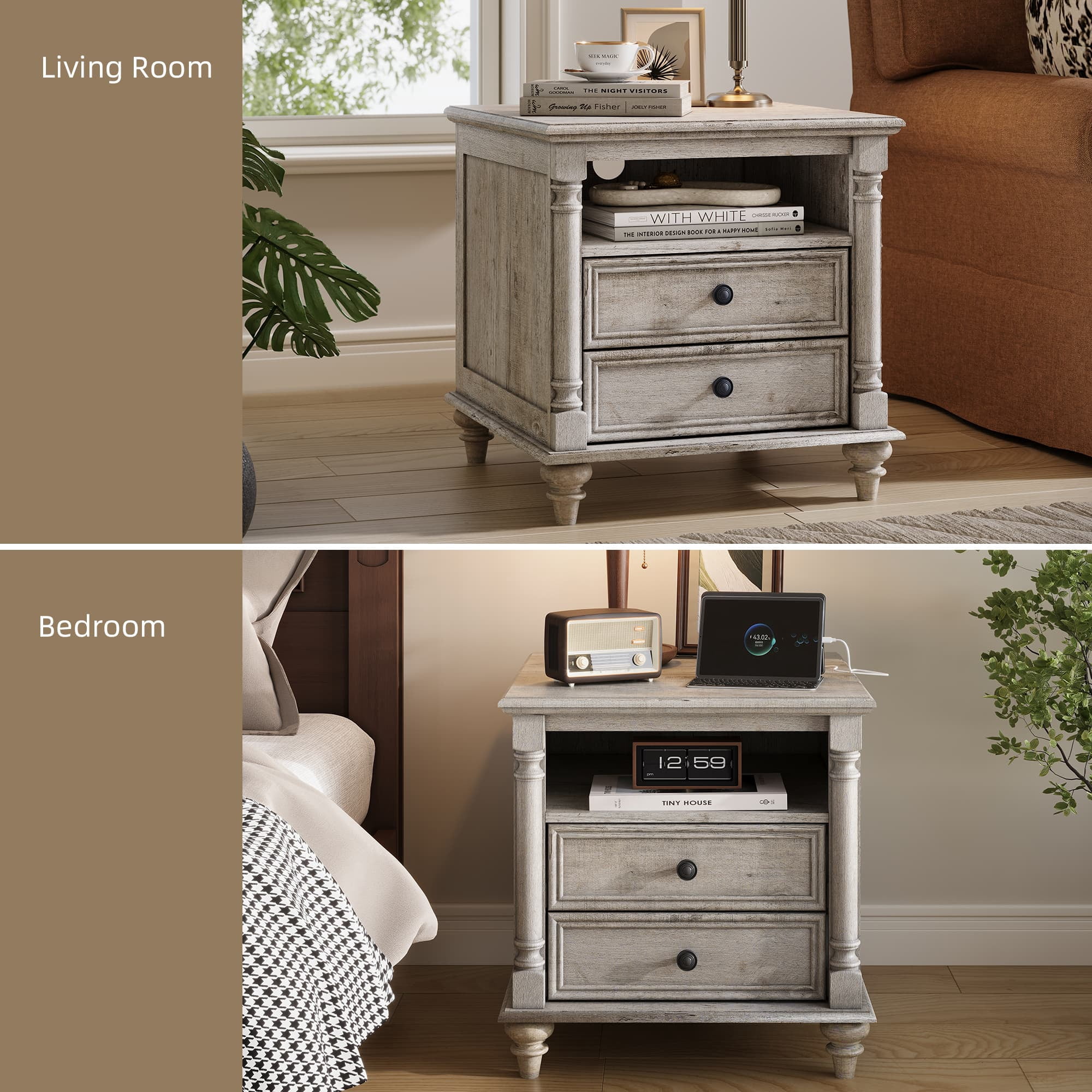 OKD Farmhouse Nightstand, 3 Drawer Wood Side Table with Charging Station for Bedroom, Living Room, Light Rustic Oak