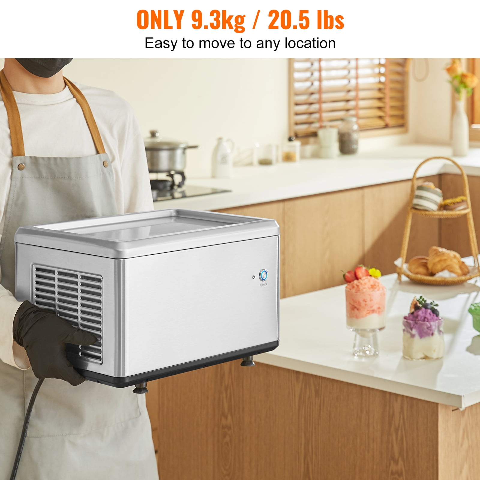 KFFKFF Ice Cream Roll Maker, 12.6" x 8.5" Pan for Stir-Fried Ice Cream, Stainless Steel with Compressor & 2 Scrapers, Ideal for Ice Cream, Frozen Yogurt, Ice Cream Rolls