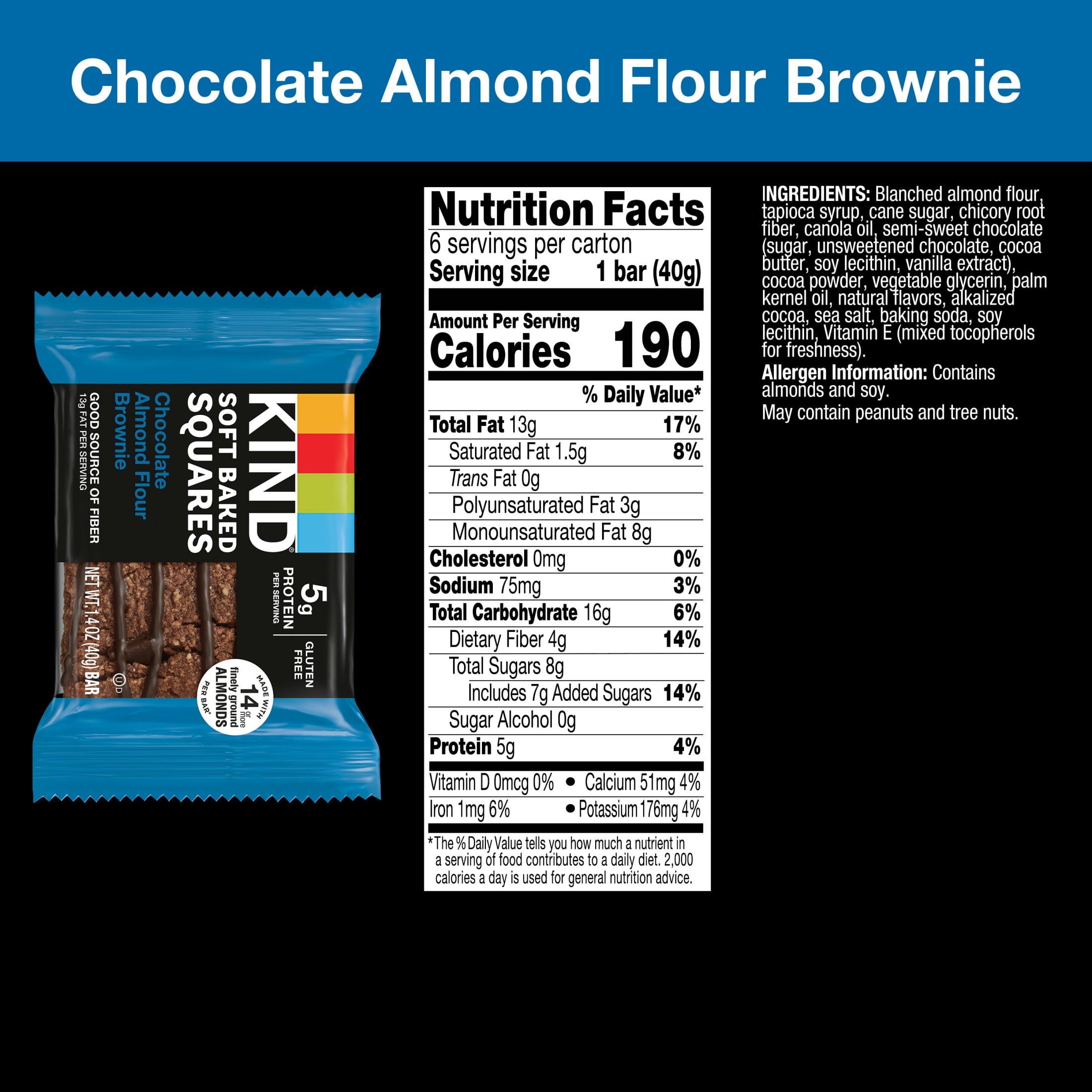 (4 pack) KIND Soft Baked Gluten Free Chocolate Almond Flour Brownie Squares, 1.4 oz, 6 Count Box